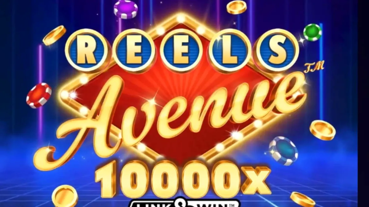 Interface futurista e minimalista do slot Reels Avenue Link&Win com grades duplas e símbolos neon.